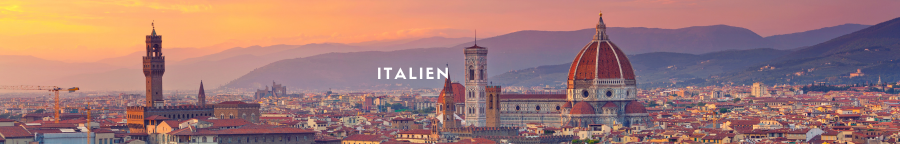 Eine Stadt an der Italienischen Küste. Im Vordergrund sind bunte Häuser.